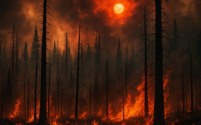 Des incendies dévastateurs au Canada : un paysage apocalyptique avec un ciel assombri et un soleil orangé